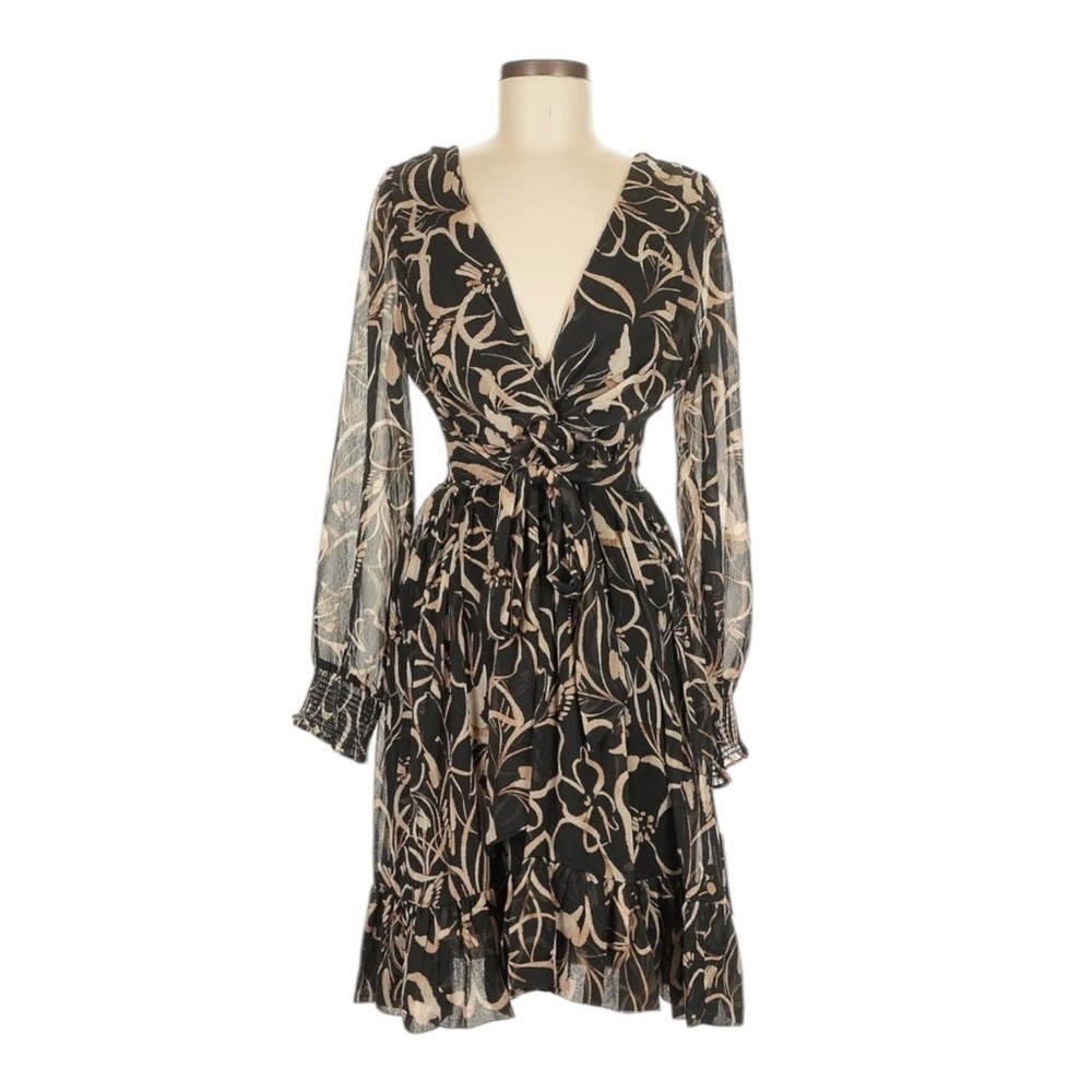 DKNY Printed Chiffon Long Sleeve A-Line Dress Black Beige Floral NWT 4 MSRP $139